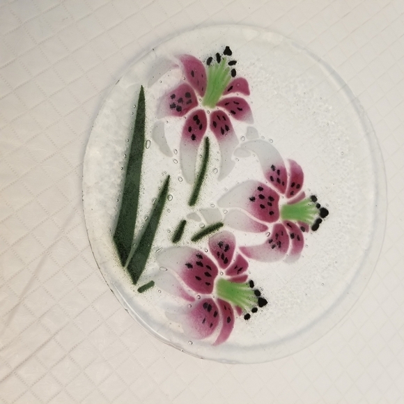Vintage Fused Glass 7.5 inche Dish/Plate Clear Glass With Flower - Picture 1 of 5